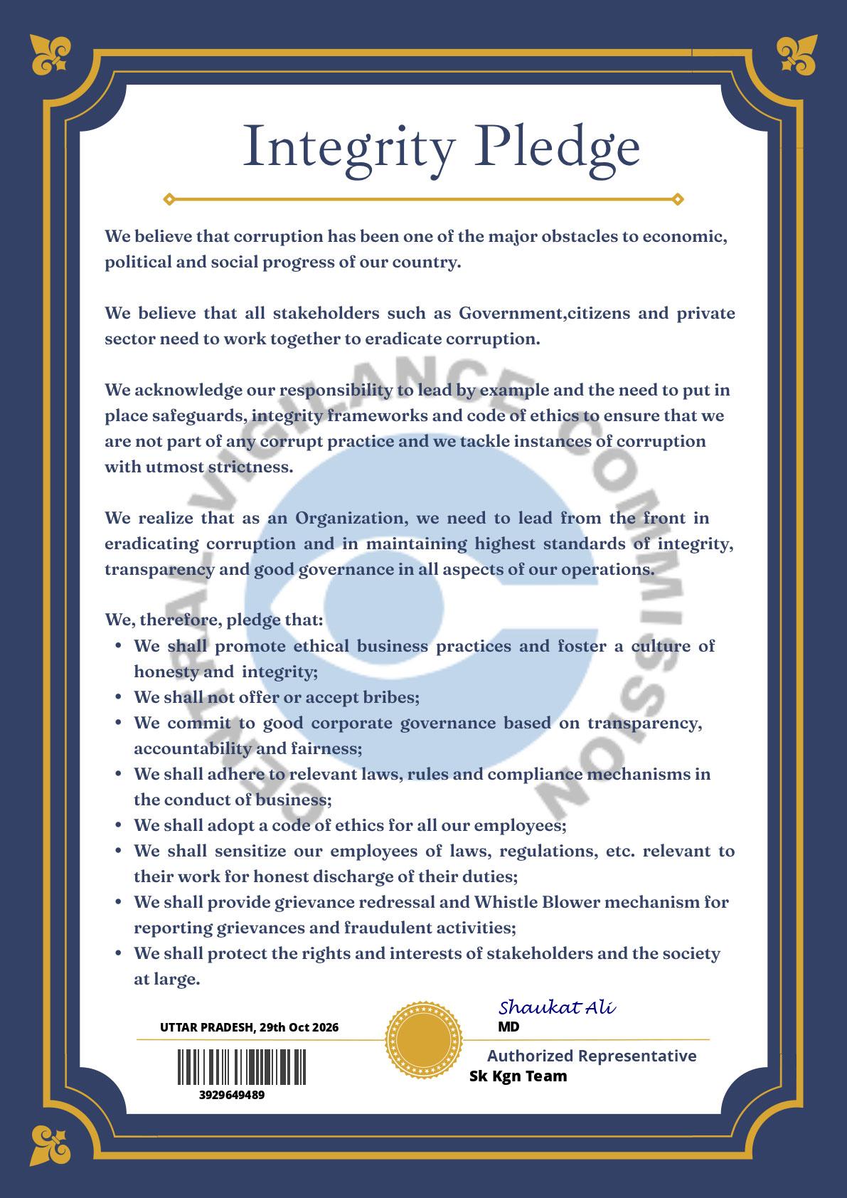 Integrity Pledge Certificate of SK KGN TEAM
